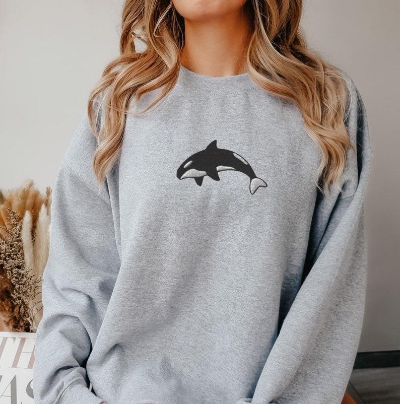 Killer Whale Sweatshirt Embroidered, Embroidered Orca Crewneck Casual Cotton