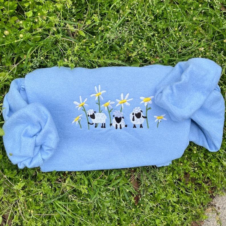Sheep and Daisy Embroidered Sweatshirt, Whimsical Cute Animal And Flower