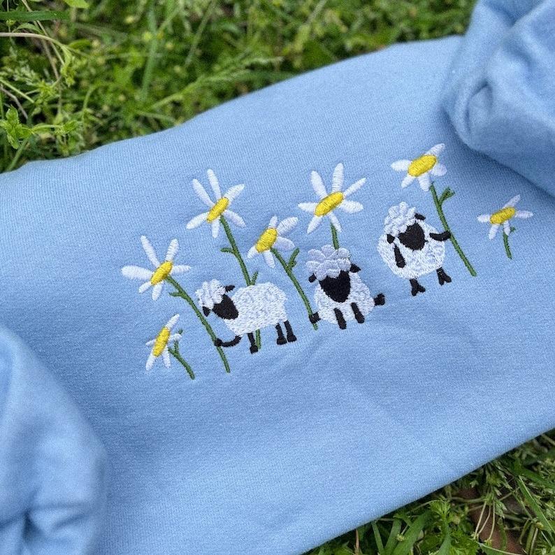 Sheep and Daisy Embroidered Sweatshirt, Whimsical Cute Animal And Flower