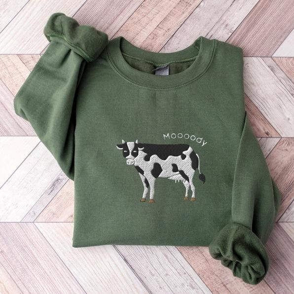Embroidered Cow Sweatshirt, Moooody Cow Crewneck