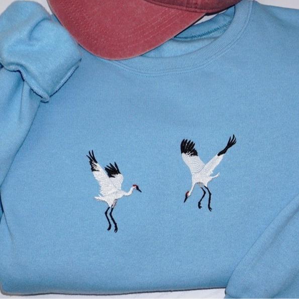 Crane Birds Embroidered Sweatshirt, Embroidered Adult Crew Neck
