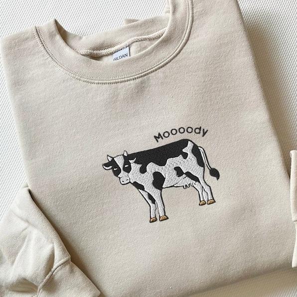 Embroidered Cow Sweatshirt, Moooody Cow Crewneck