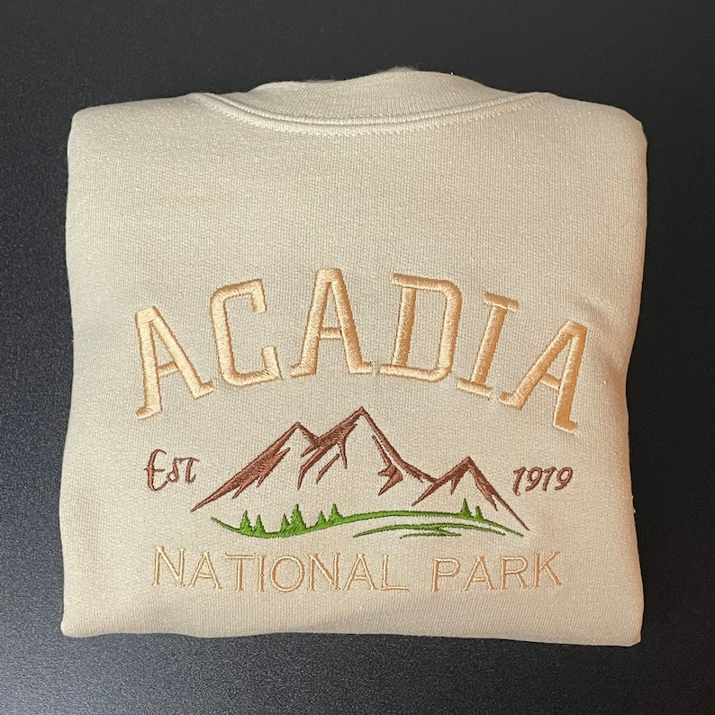 Acadia National Park Embroidered Crewneck Sweatshirt Mountain