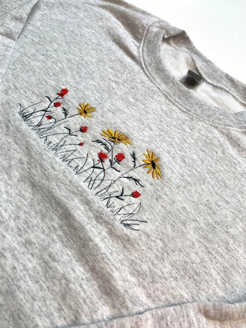 Floral Embroidered Sweatshirt Cotton Fabric