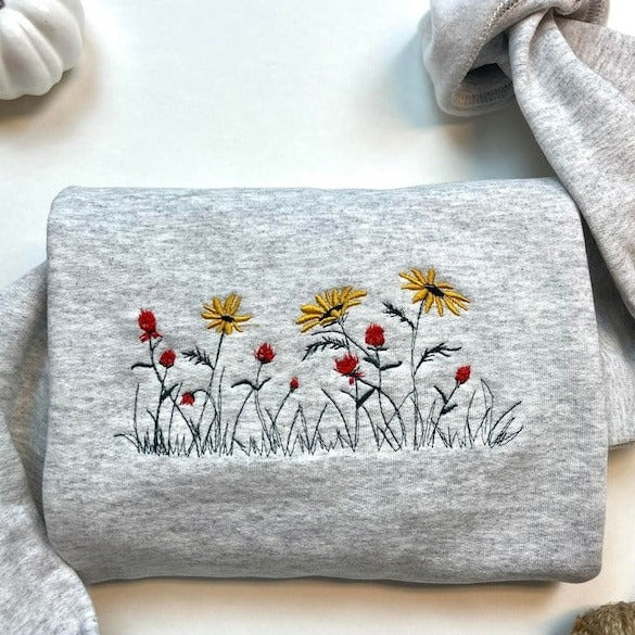 Floral Embroidered Sweatshirt Cotton Fabric
