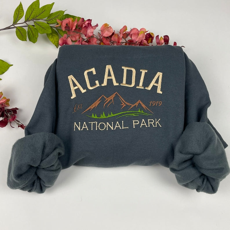 Acadia National Park Embroidered Crewneck Sweatshirt Mountain