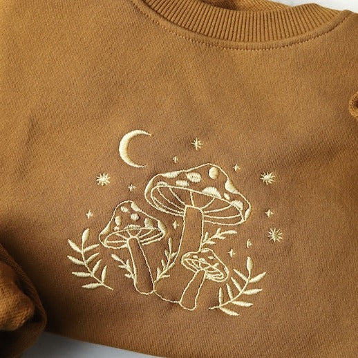 Mushroom Embroidered Crewneck Sweatshirt, Brown Embroidered Hoodie