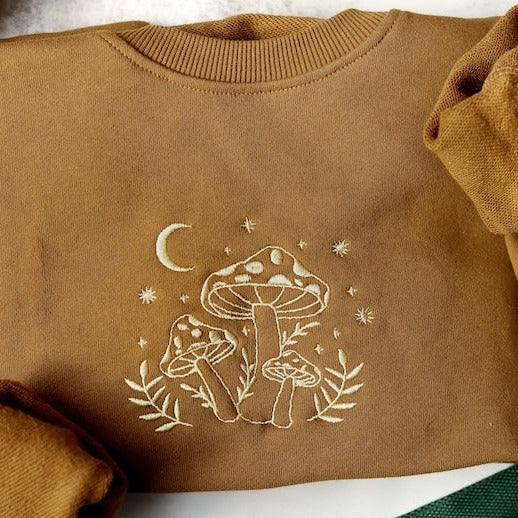 Mushroom Embroidered Crewneck Sweatshirt, Brown Embroidered Hoodie