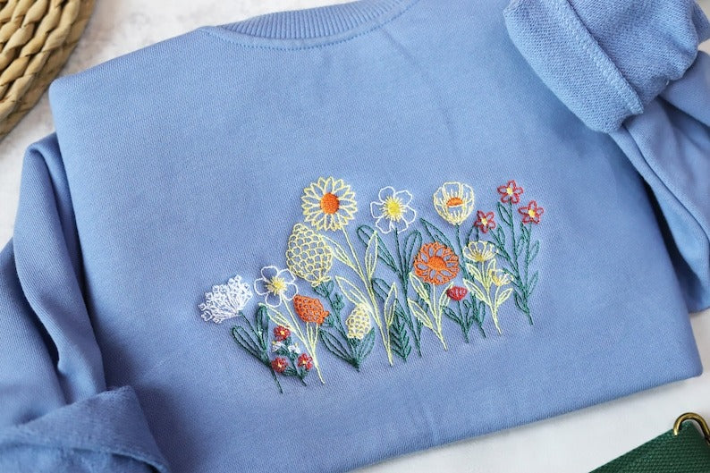 Wildflowers Embroidered Crewneck, Vintage Sweatshirt, Floral Embroidered Sweatshirt