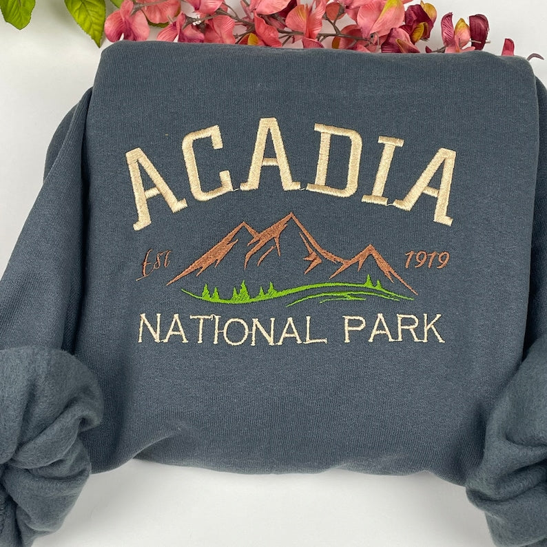 Acadia National Park Mountains Embroidered Crewneck