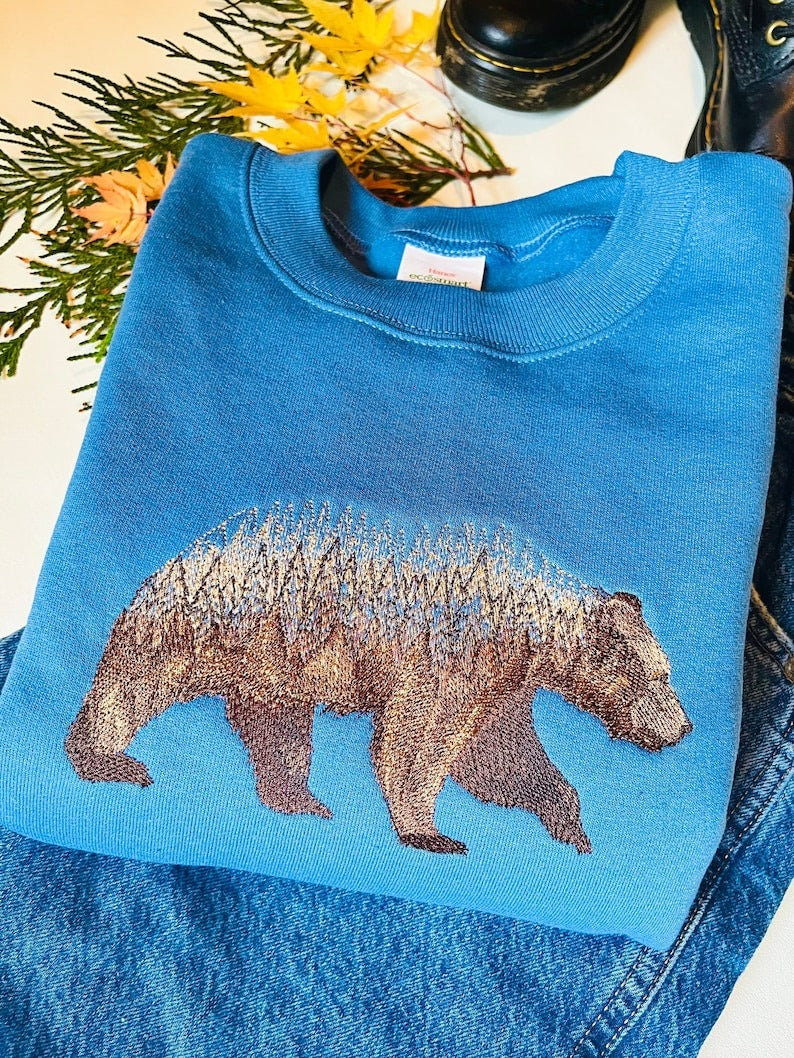 Forest Bear Embroidered Crewneck, Bear Sweatshirt