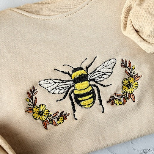 Floral Bee Embroidered Crewneck, Bumblebee, Autumn Sweatshirt
