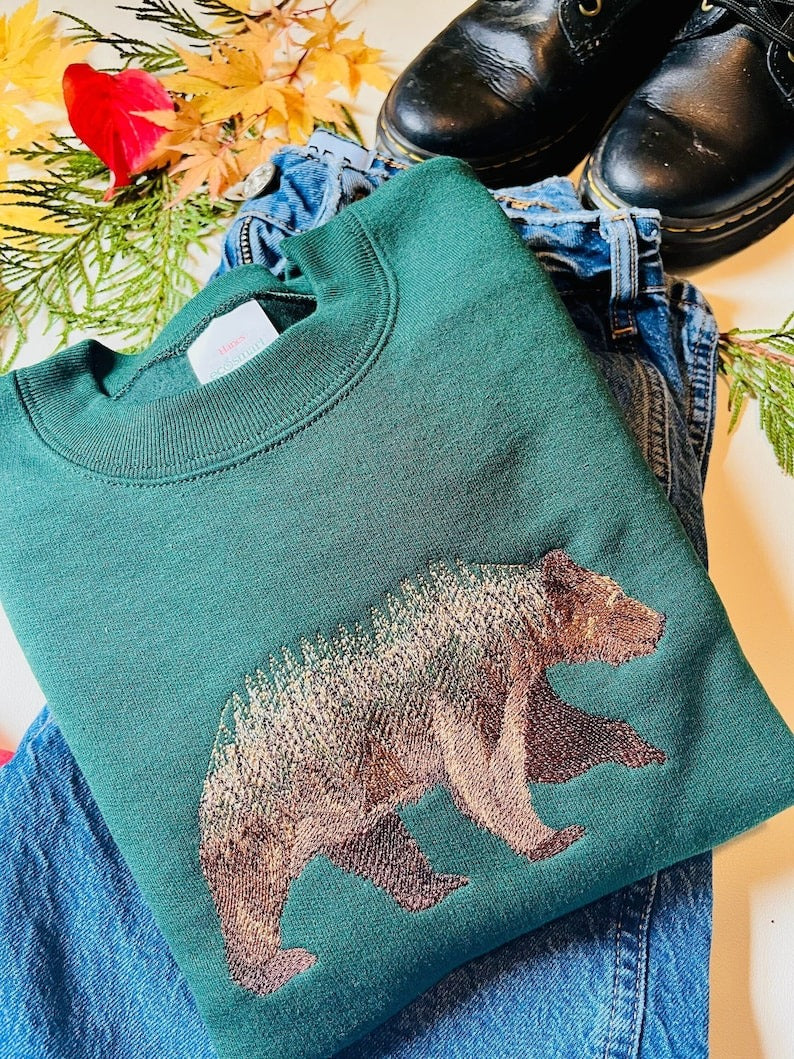 Forest Bear Embroidered Crewneck, Bear Sweatshirt