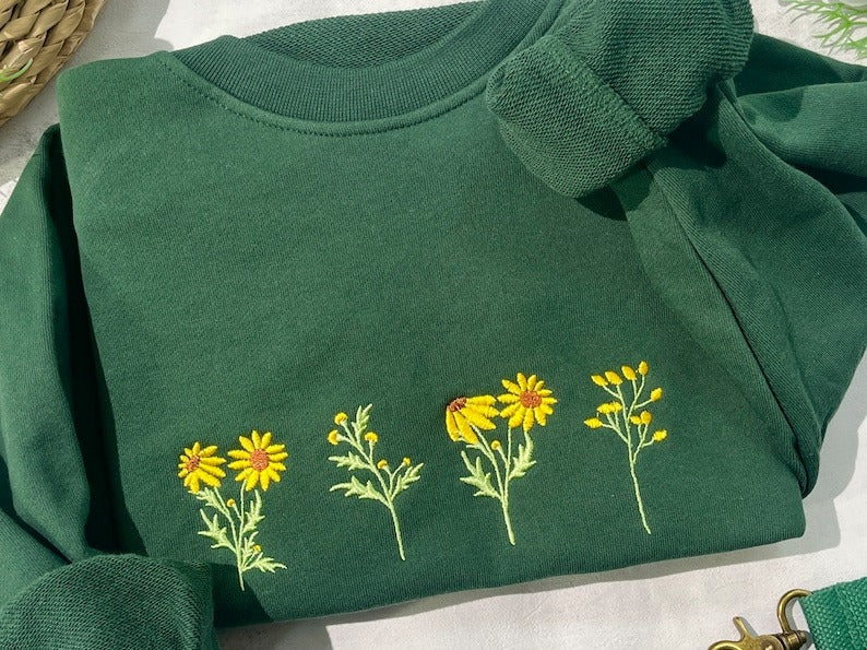 Round Neck Sunflower Embroidered Sweatshirt, Embroidered Sweatshirt Vintage