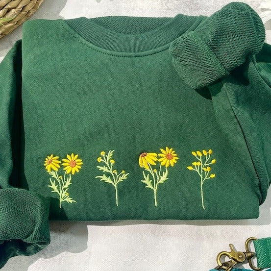 Round Neck Sunflower Embroidered Sweatshirt, Embroidered Sweatshirt Vintage