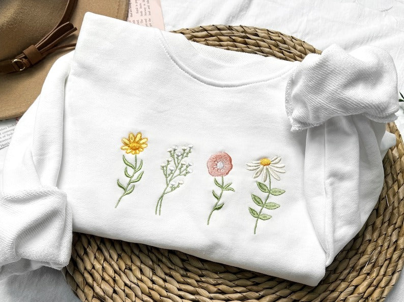 Wildflowers embroidered sweatshirt, Flower Sweater, Crewneck sweatshirt embroidered