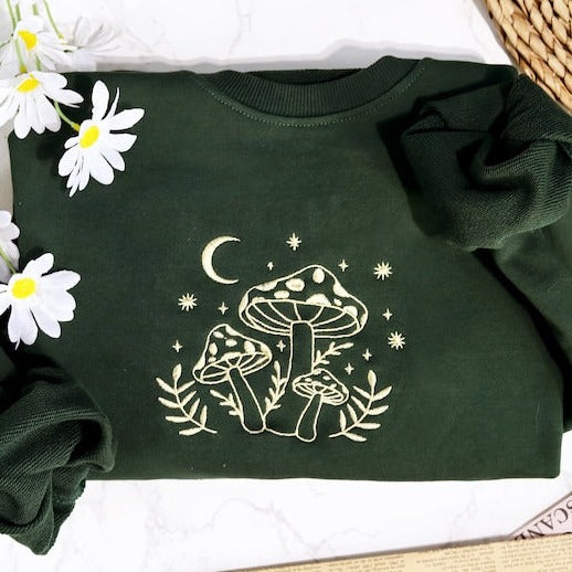 Mushroom Embroidered Crewneck Sweatshirt, Brown Embroidered Hoodie