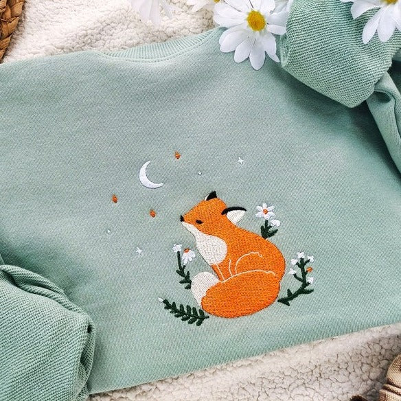 Fox Daisy Embroidered Sweatshirt, Embroidered Sweatshirt Vintage