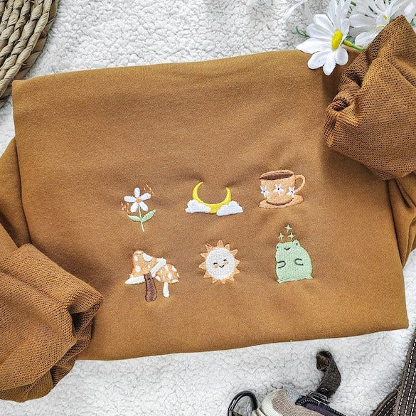 Cute Frog Embroidered Sweatshirt,Moon and Sun Sweatshirt