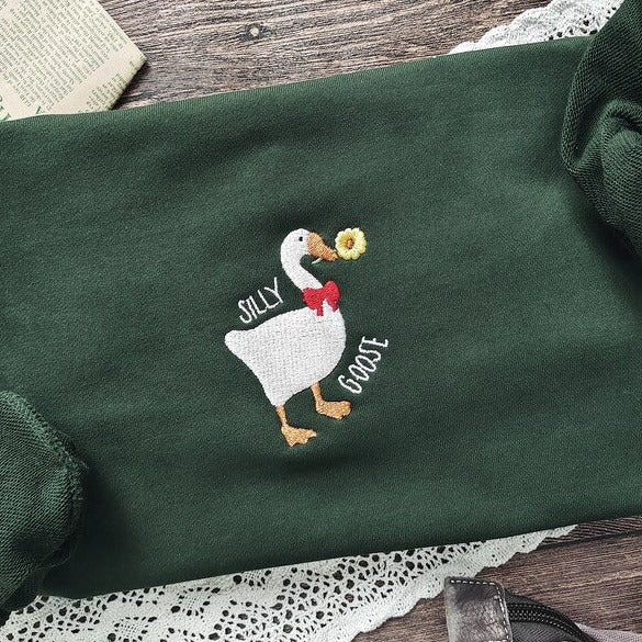 Silly Goose Embroidered Sweatshirt, Embroidered Crewneck Sweatshirt