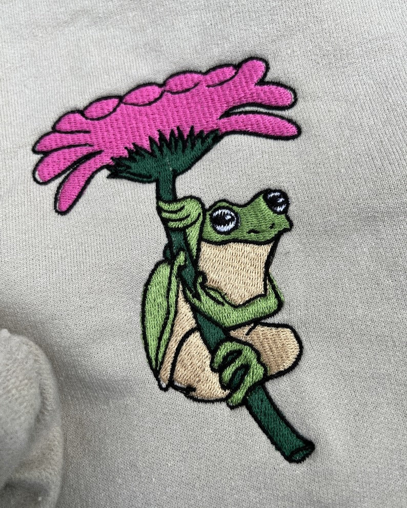Flower Frog Embroidered Crewneck Sweatshirt, Cute whimsical Cottage core froggy toad sweater