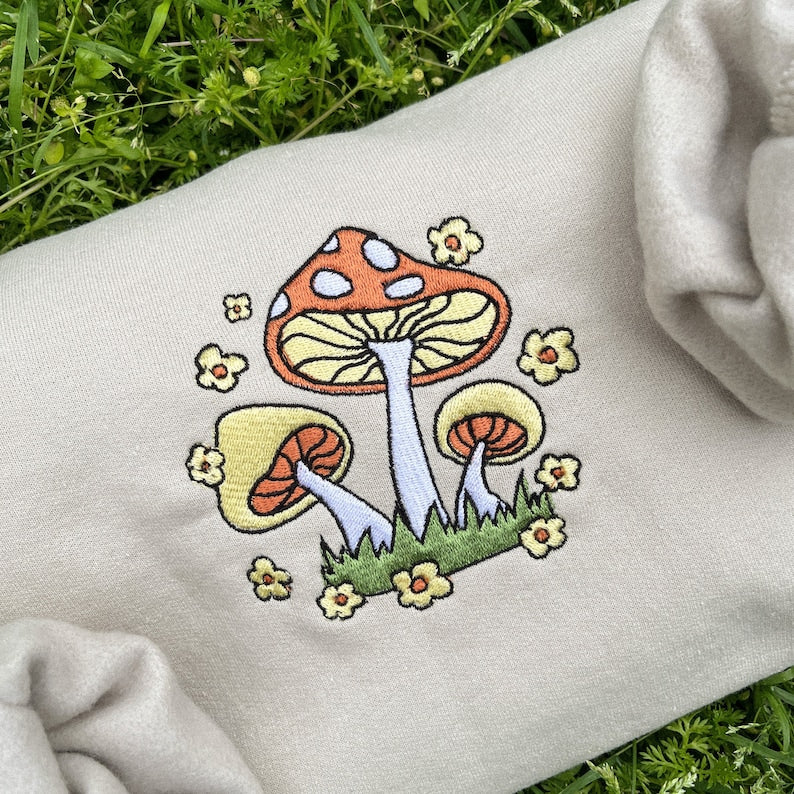 Hippie Mushroom Flower Love Embroidered Crewneck Sweatshirt, Hoodie