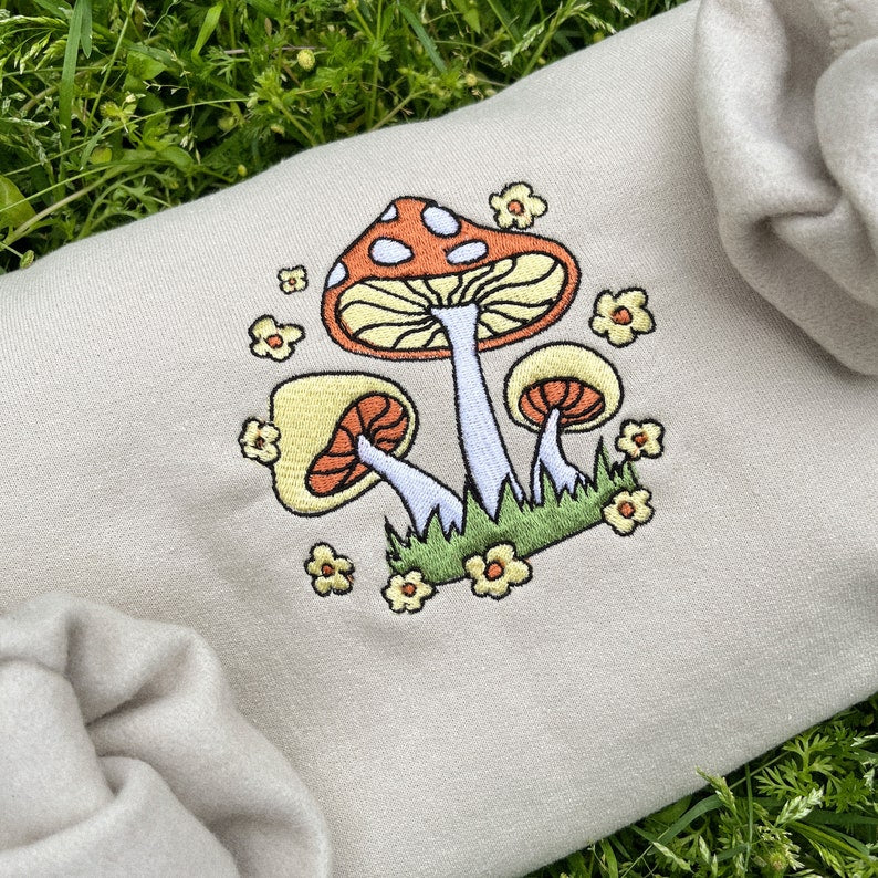 Hippie Mushroom Flower Love Embroidered Crewneck Sweatshirt, Hoodie