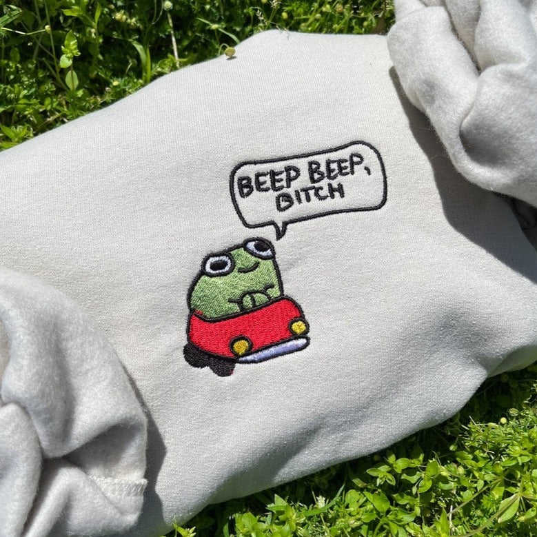 Frog Embroidered Crewneck Sweatshirt Funny Cottage Core Frog Lover Silly Gift, Beep Beep