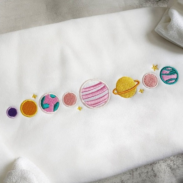 Pink Planets Embroidered Sweatshirt, Embroidered Space Crewneck Sweater