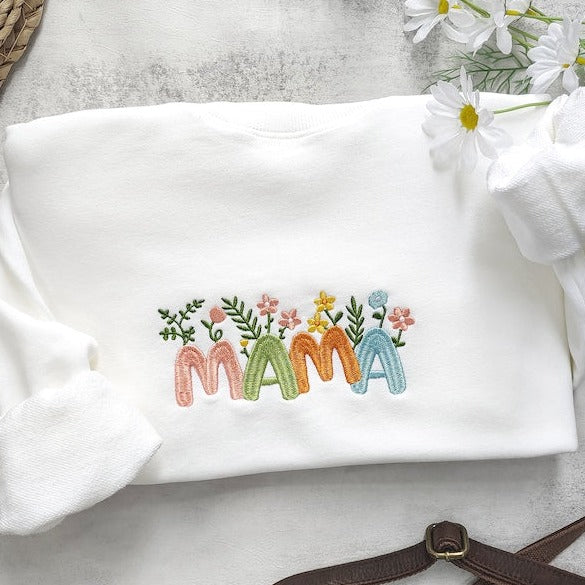 Mama Embroidered Floral Sweatshirt, Embroidery Sweatshirt Flower Letter