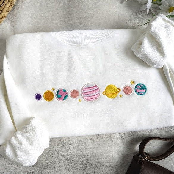 Pink Planets Embroidered Sweatshirt, Embroidered Space Crewneck Sweater