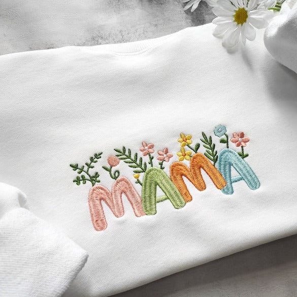 Mama Embroidered Floral Sweatshirt, Embroidery Sweatshirt Flower Letter