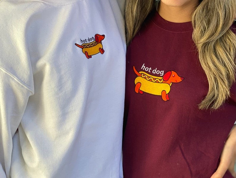 Embroidered Hot Dog Sweatshirt, Embroidered Dog Crewneck Sweatshirt