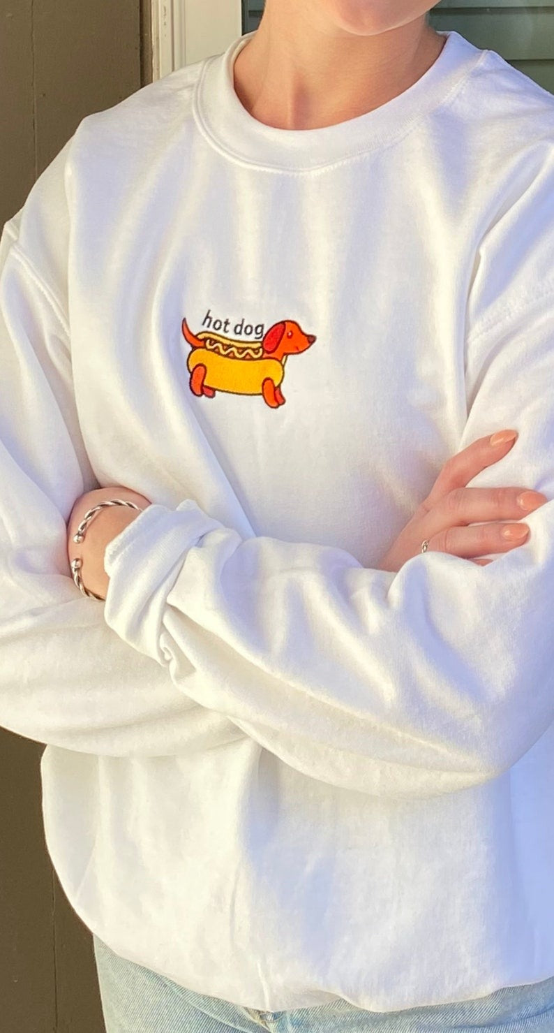 Embroidered Hot Dog Sweatshirt, Embroidered Dog Crewneck Sweatshirt