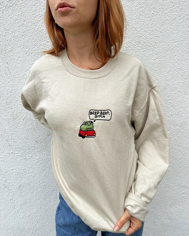 Frog Embroidered Crewneck Sweatshirt Funny Cottage Core Frog Lover Silly Gift, Beep Beep