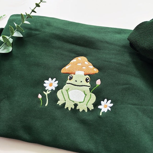 Frog And Daisy Embroidered Sweatshirt ,Mushroom Crewneck Sweatshirt