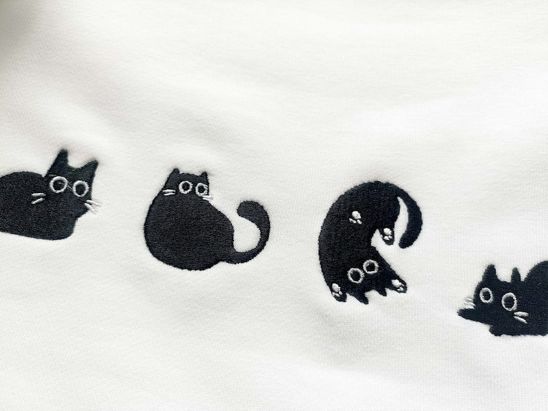 Lovely Black Cat Embroidered Sweatshirt, Embroidered Crewneck Sweatshirt