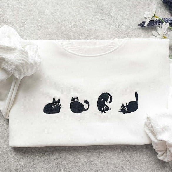 Lovely Black Cat Embroidered Sweatshirt, Embroidered Crewneck Sweatshirt