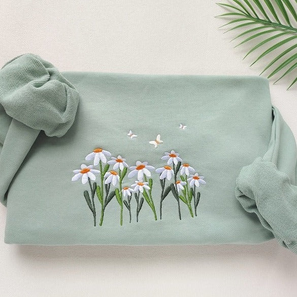 Daisies And Butterfly Embroidered Sweatshirt, Butterfly Sweatshirt, Crewneck Sweatshirt