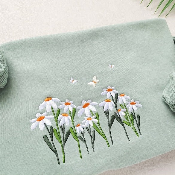 Daisies And Butterfly Embroidered Sweatshirt, Butterfly Sweatshirt, Crewneck Sweatshirt