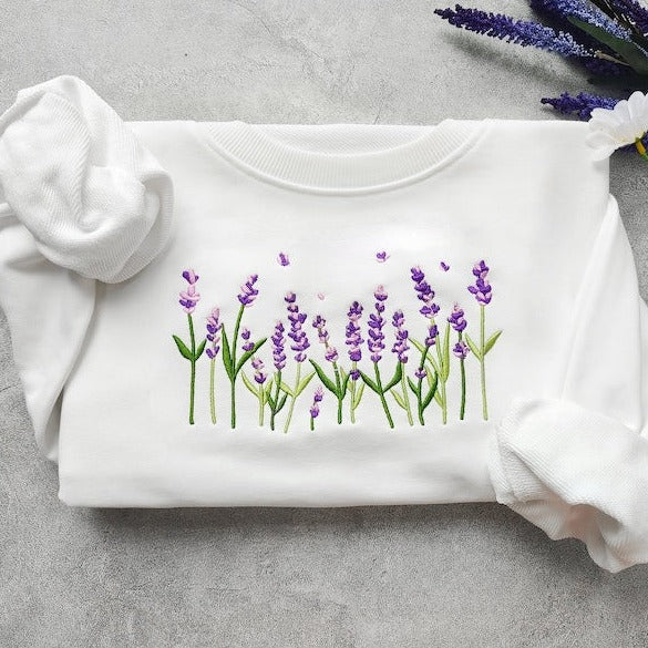 Lavender Embroidered Sweatshirt, Floral Hoodie