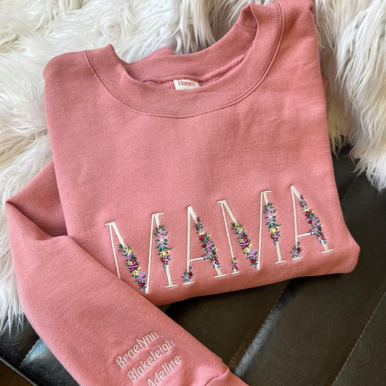 Mama Floral Crewneck Sweatshirt with Children Names Sleeve Embroidery Custom Gift