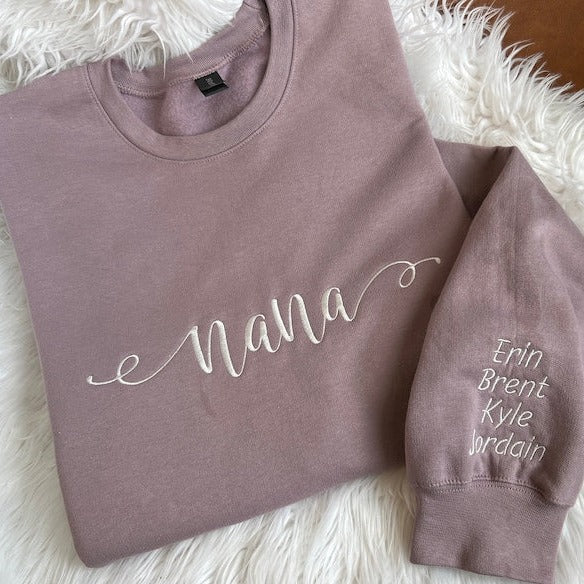 Nana Script Crewneck Sweatshirt with Children Names Sleeve Embroidery Custom Gift Grandparent