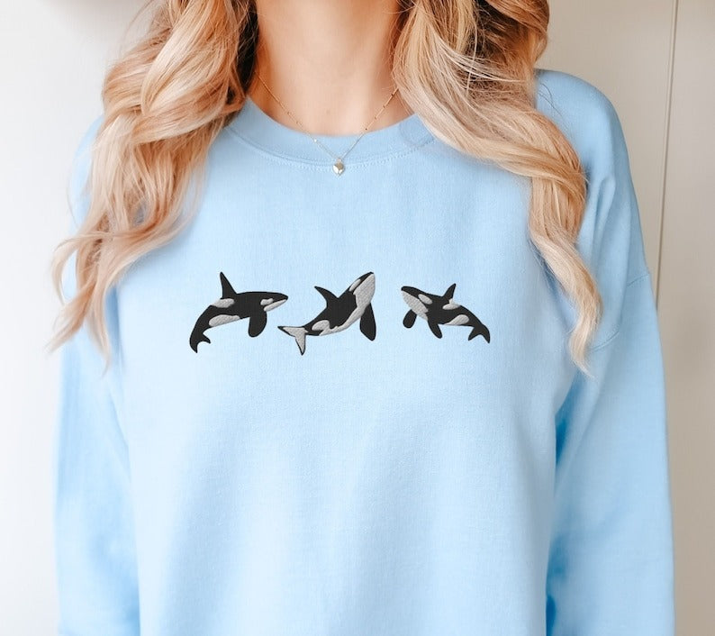 Orca Whales Embroidered Sweatshirt, Pod of Whales Crewneck, Cute Whale Trio Embroidery Killer Whale Crew Neck