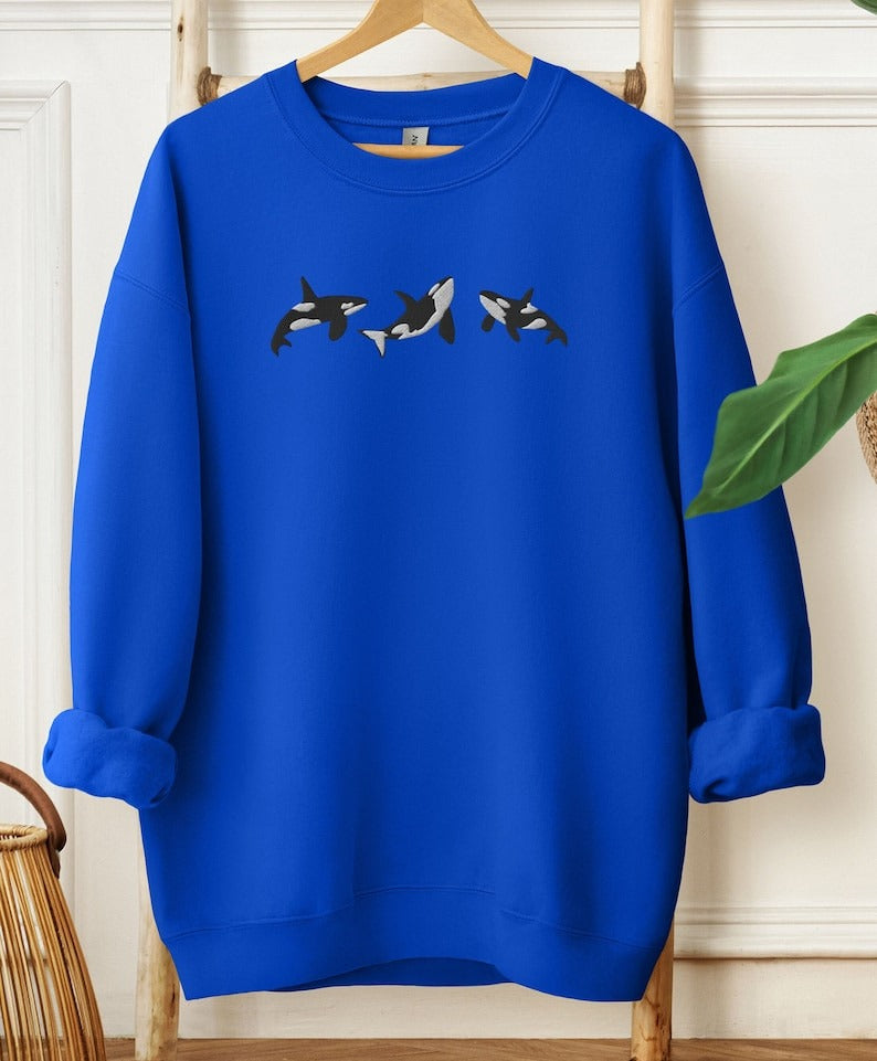 Orca Whales Embroidered Sweatshirt, Pod of Whales Crewneck, Cute Whale Trio Embroidery Killer Whale Crew Neck