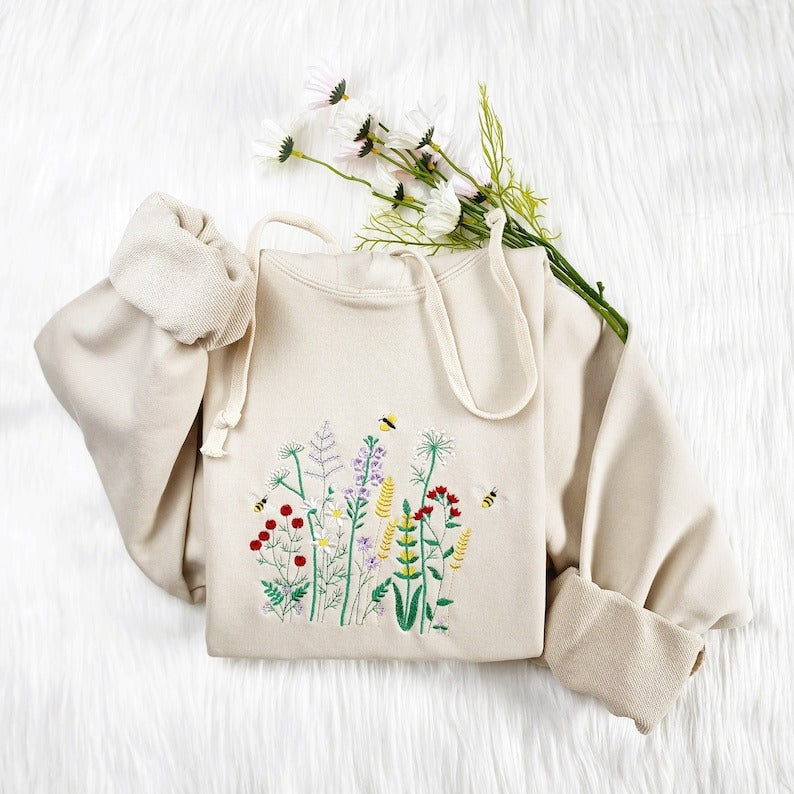 Wildflower With Honey Bee Embroidered Sweatshirt, Flower With Bee Embroidered Hoodie