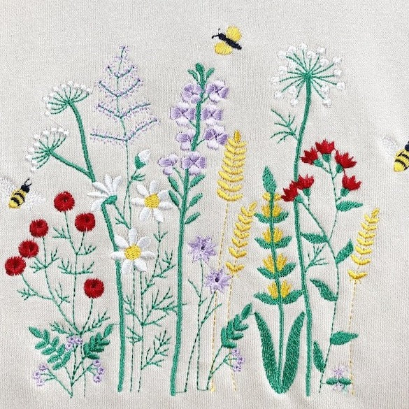 Wildflower With Honey Bee Embroidered Sweatshirt, Flower With Bee Embroidered Hoodie