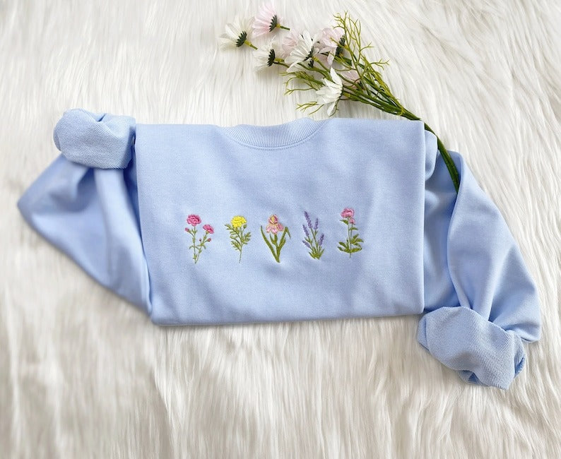 Wildflower Embroidered Sweatshirt, Pinky Flower Embroidered Sweater