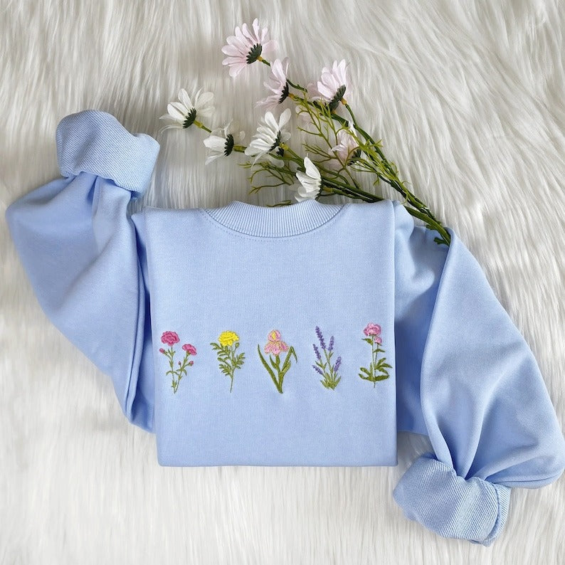 Wildflower Embroidered Sweatshirt, Pinky Flower Embroidered Sweater