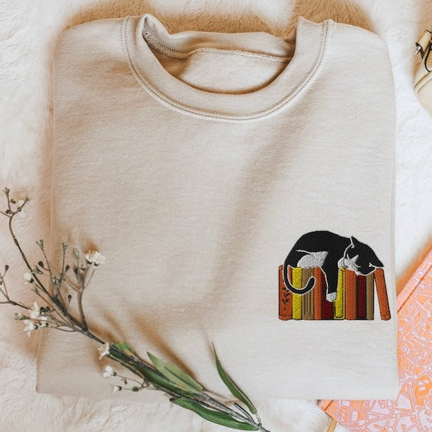 Book Sweatshirt Embroidered Sweater For Cat Lovers On Shelf Of Books Embroidery Cozy Reading Sweatshirt
